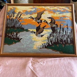 Needlepoint Geese at the Lake framed.